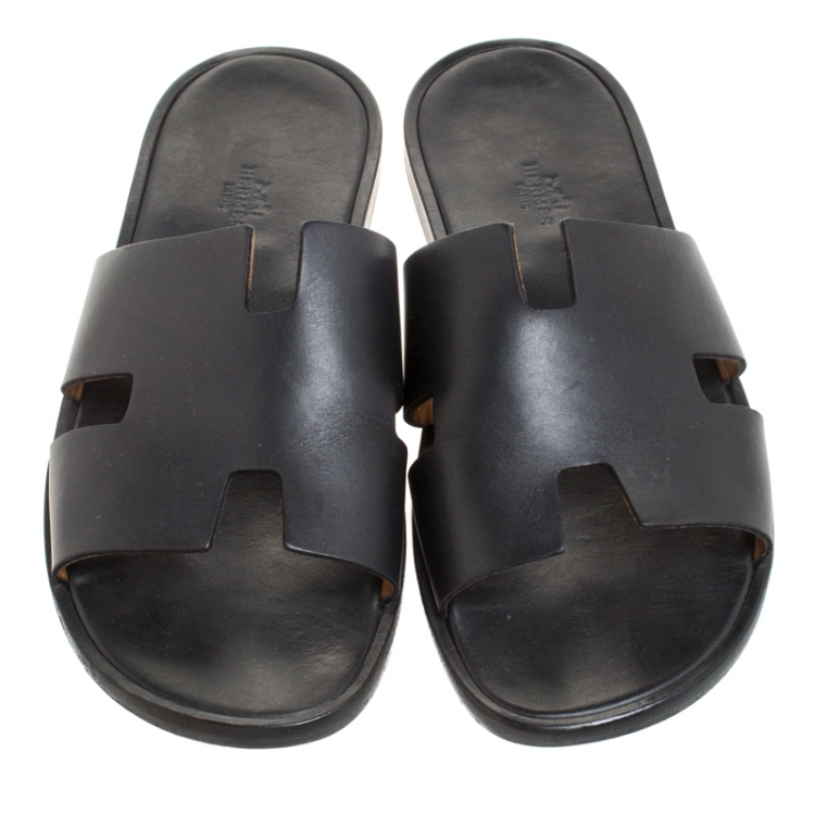 Pre Owned Hermes Black Leather Izmir Flat Slides Size 43