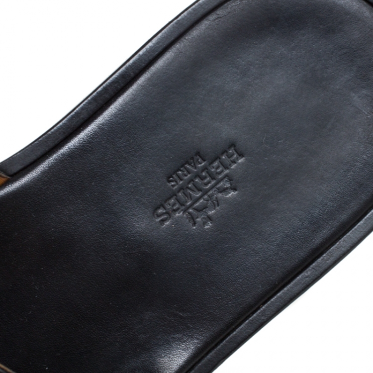 Pre Owned Hermes Black Leather Izmir Flat Slides Size 43