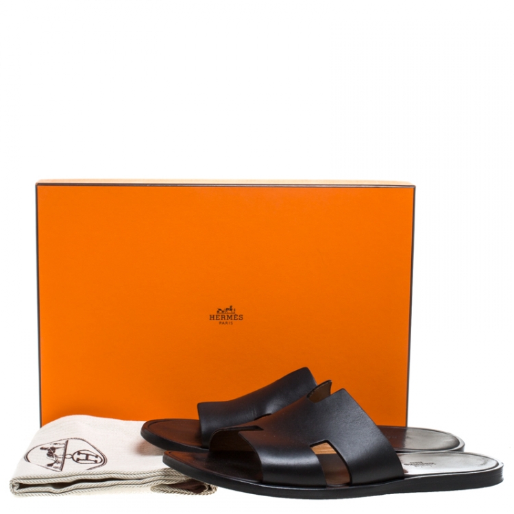 Pre Owned Hermes Black Leather Izmir Flat Slides Size 43