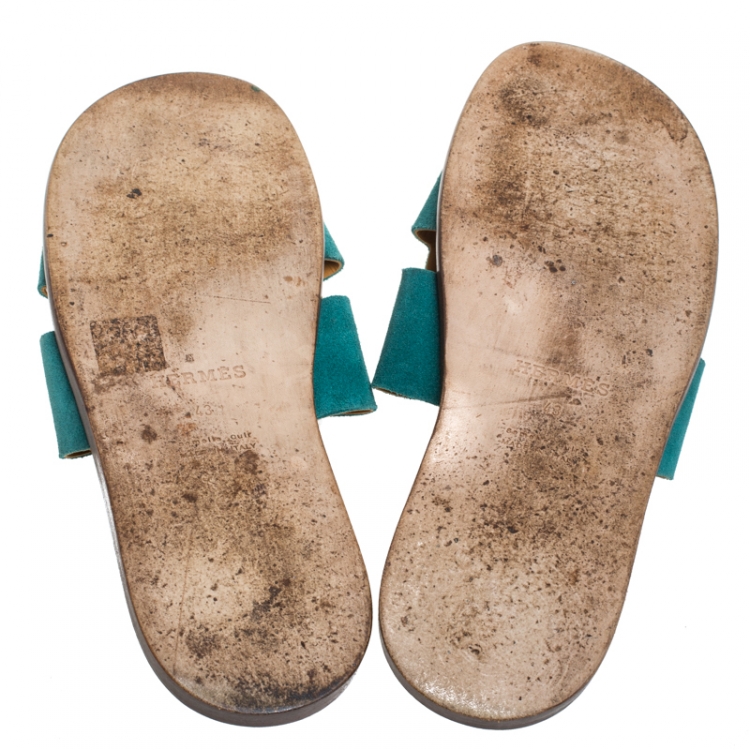 Pre Owned Hermes Green Suede Izmir Flat Slides Size 43
