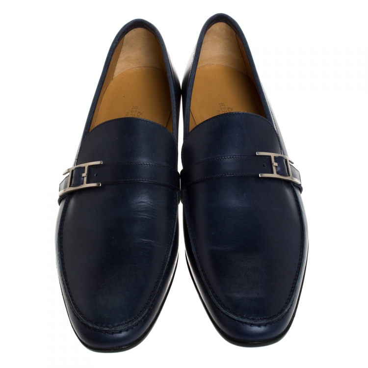 Pre Owned Hermes Marine Blue Leather Dan Loafers Size 43.5