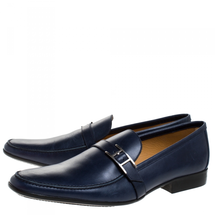 Pre Owned Hermes Marine Blue Leather Dan Loafers Size 43.5