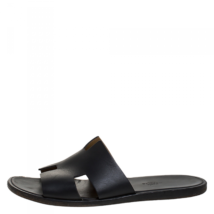 Pre Owned Hermes Black Leather Izmir Flat Slides Size 43