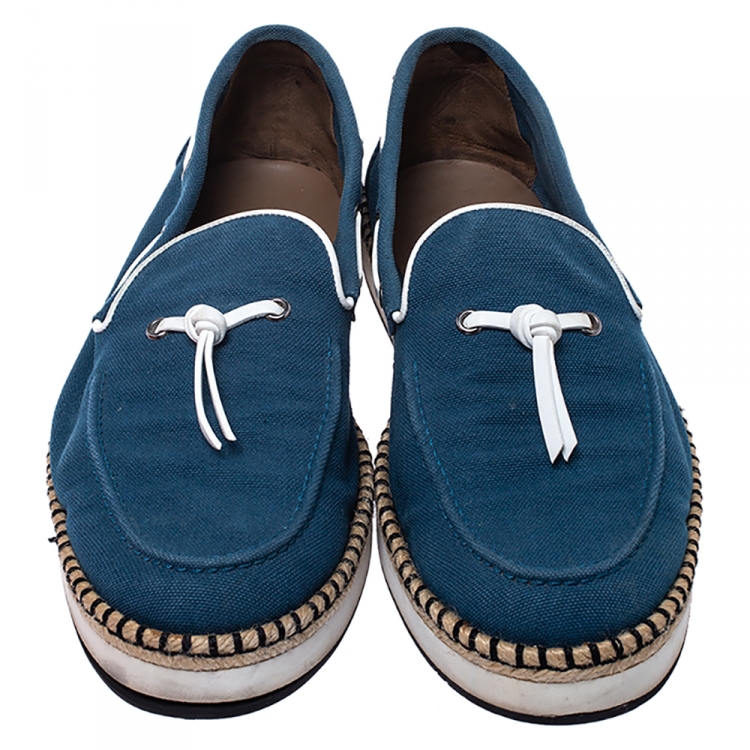 Pre Owned Hermes Teal/White Canvas And Leather Trim Optimiste Espadrille Moccasins Size 43 