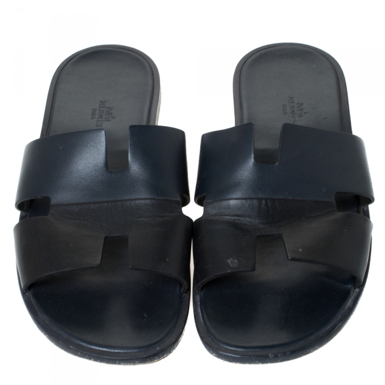 Pre Owned Hermes Black Leather Izmir Slide Sandals Size 44