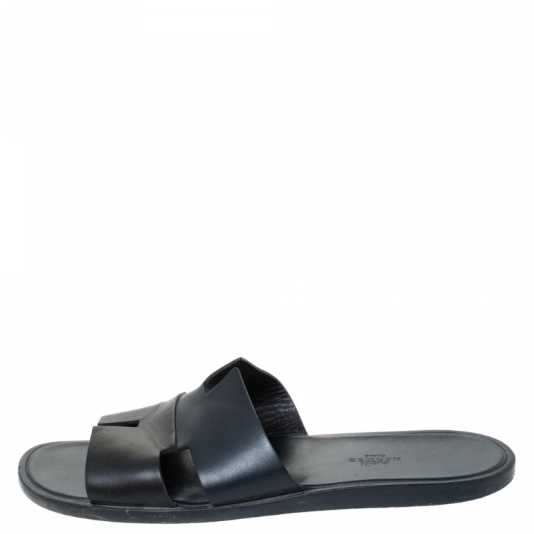 Pre Owned Hermes Black Leather Izmir Slide Sandals Size 44