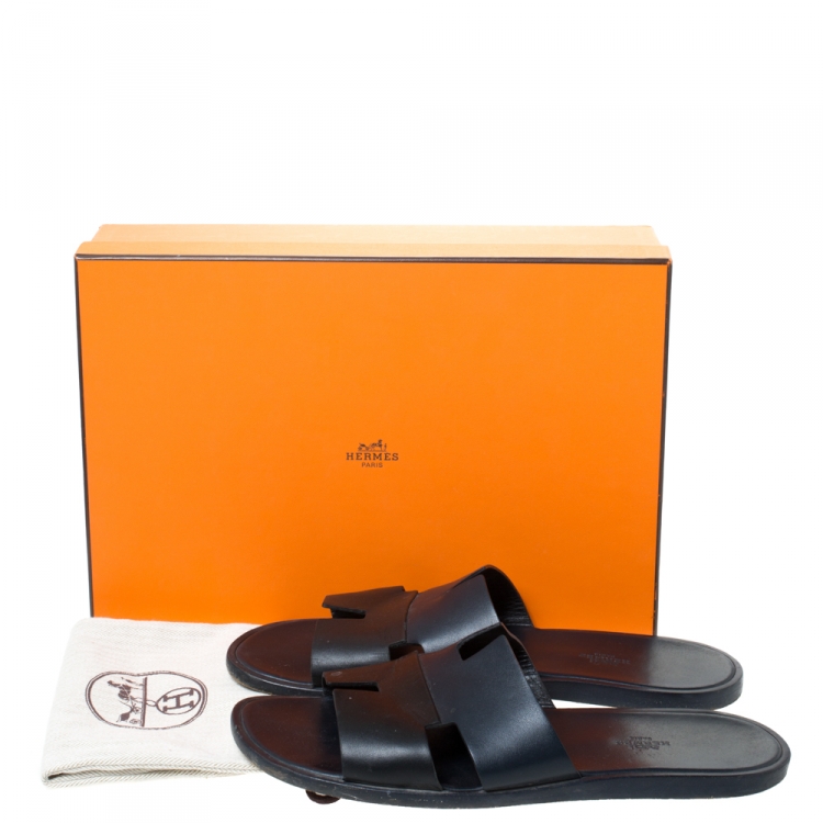 Pre Owned Hermes Black Leather Izmir Slide Sandals Size 44