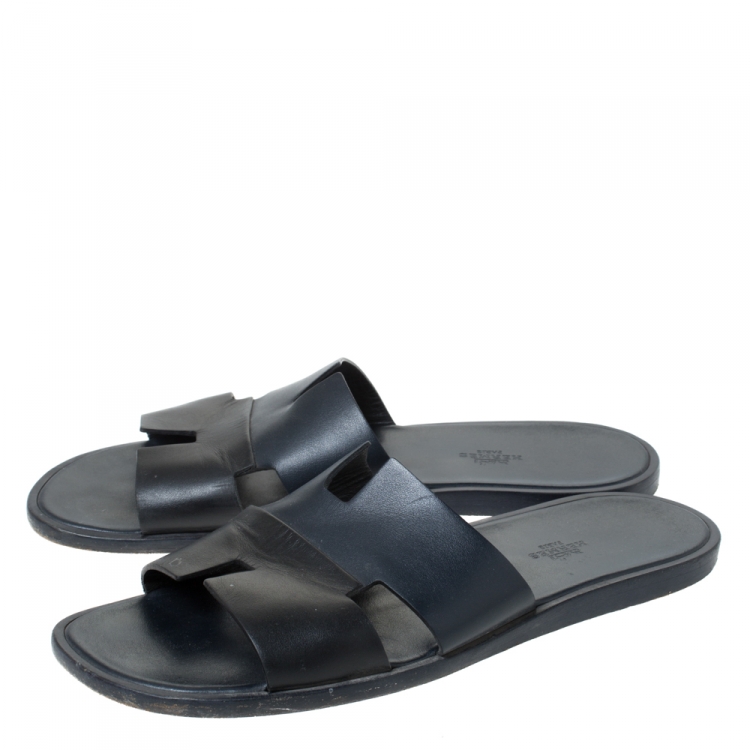 Pre Owned Hermes Black Leather Izmir Slide Sandals Size 44