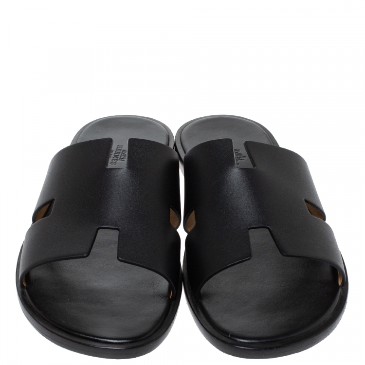 Pre Owned Hermes Black Leather Izmir Slide Sandals Size 45