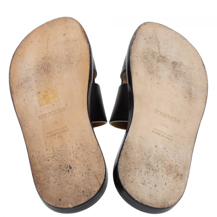 Pre Owned Hermes Black Leather Izmir Slide Sandals Size 45