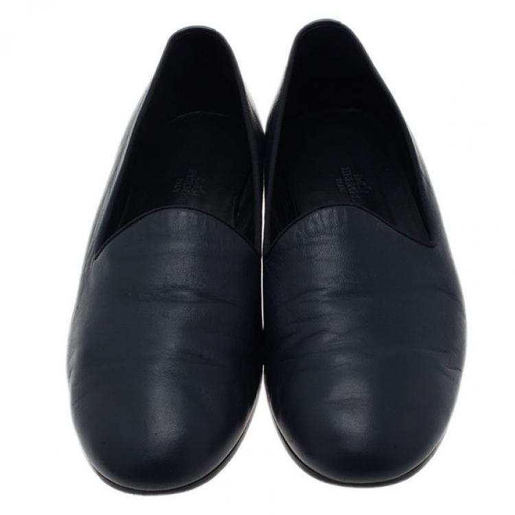 Pre Owned Hermes Blue Leather Gaspard Loafers Size 42