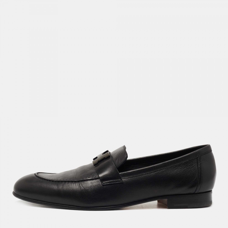 Pre Owned Hermes Black Leather Fitted Loafers  Size 43.5