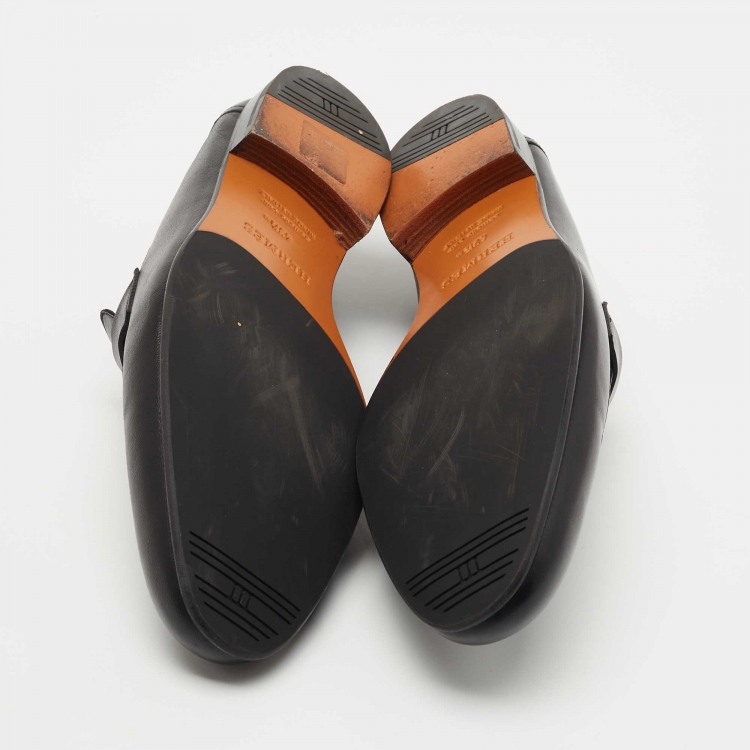 Pre Owned Hermes Black Leather Fitted Loafers  Size 43.5