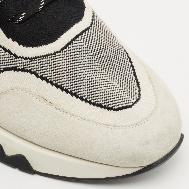 Pre Owned Hermes White/Black Knit Fabric and Suede C-Addict Sneakers Size 42