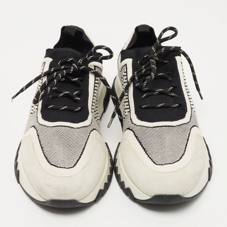 Pre Owned Hermes White/Black Knit Fabric and Suede C-Addict Sneakers Size 42