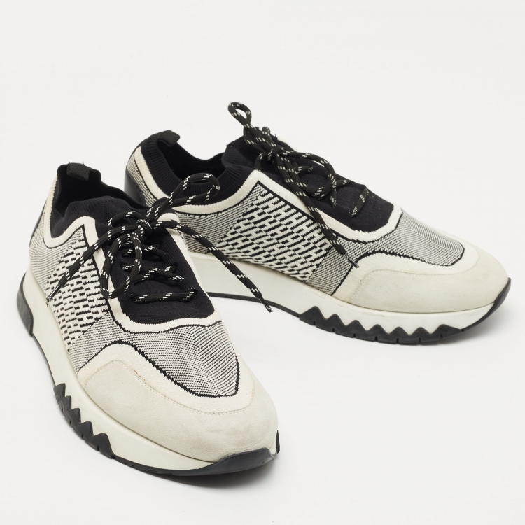 Pre Owned Hermes White/Black Knit Fabric and Suede C-Addict Sneakers Size 42