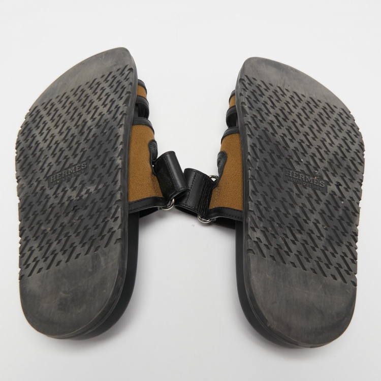 Pre Owned Hermes Brown/Black Canvas and Leather Chypre Sandals Size 42