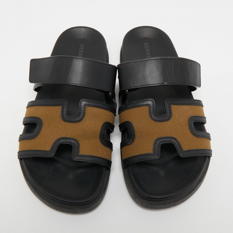 Pre Owned Hermes Brown/Black Canvas and Leather Chypre Sandals Size 42