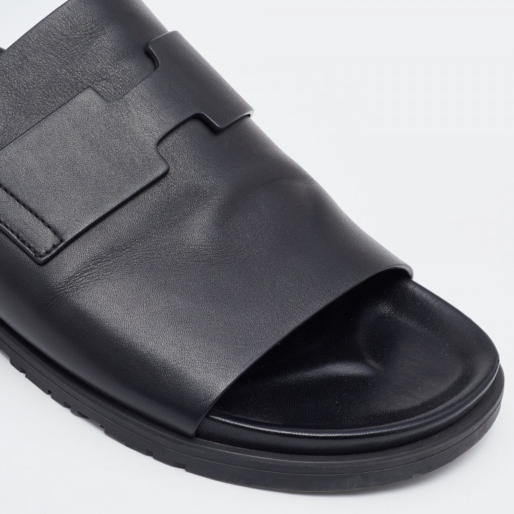 Pre Owned Hermes Black Leather Vigo Flat Slides Size 44.5