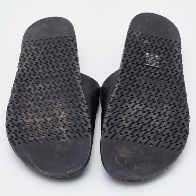 Pre Owned Hermes Black Leather Vigo Flat Slides Size 44.5