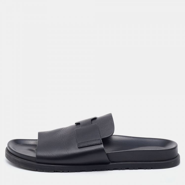 Pre Owned Hermes Black Leather Vigo Flat Slides Size 44.5