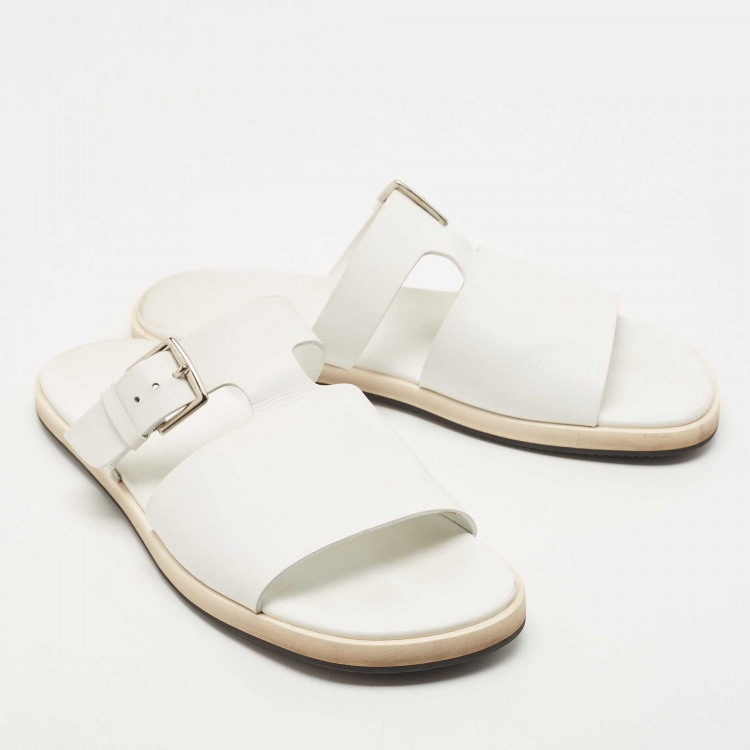 Pre Owned Hermes White Leather Flat Slide Size 42.5