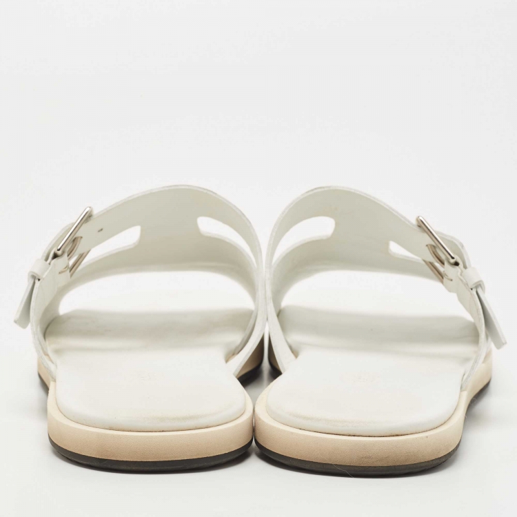 Pre Owned Hermes White Leather Flat Slide Size 42.5