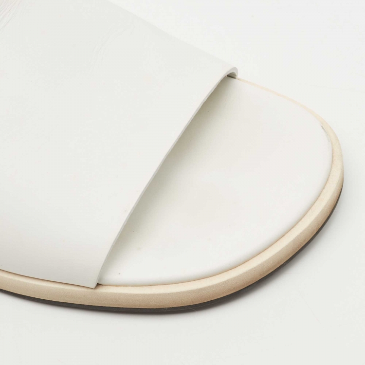 Pre Owned Hermes White Leather Flat Slide Size 42.5