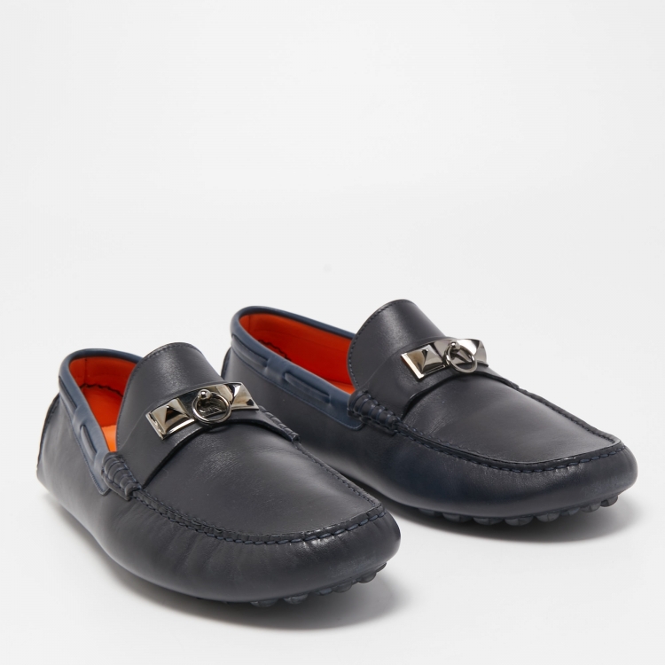 Pre Owned Hermes Navy Blue Leather Irving Loafers Size 43