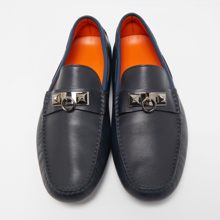 Pre Owned Hermes Navy Blue Leather Irving Loafers Size 43