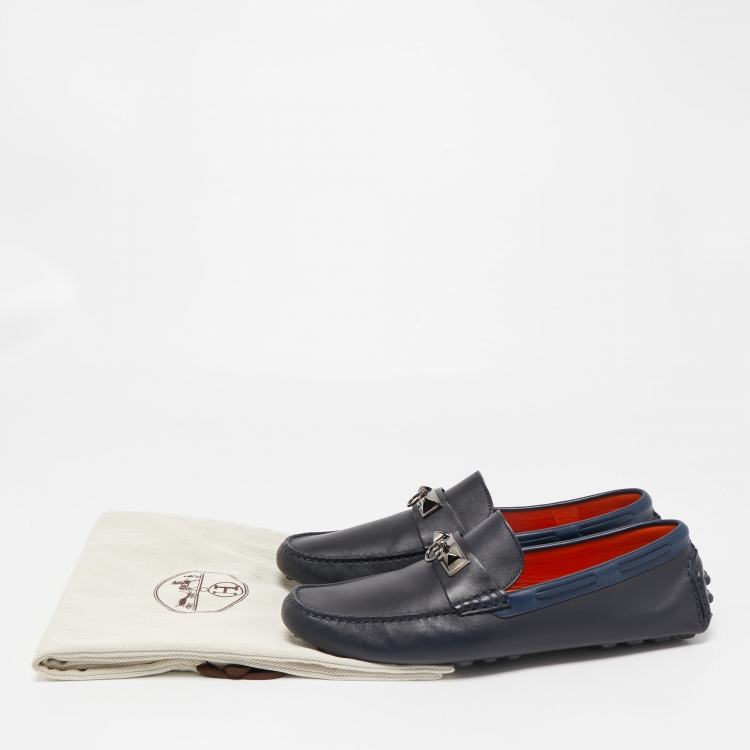 Pre Owned Hermes Navy Blue Leather Irving Loafers Size 43