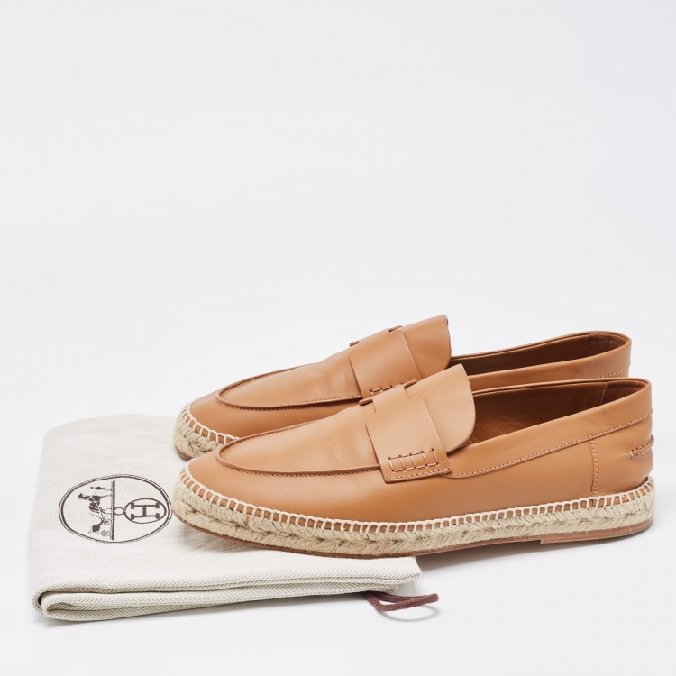 Pre Owned Hermes Brown Leather Trip Slip On Espadrille Size 44