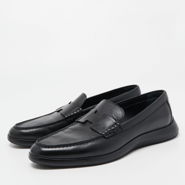 Pre Owned Hermes Black Leather Kennedy Slip On Loafers Size 43.5
