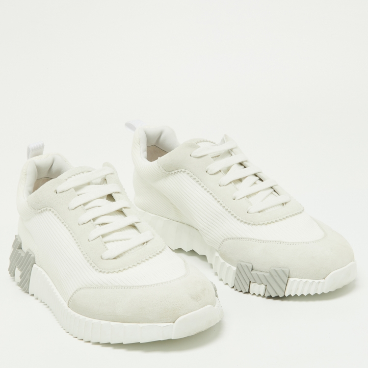 Pre Owned Hermes White/Grey Suede and Mesh Bouncing Sneakers Size 41