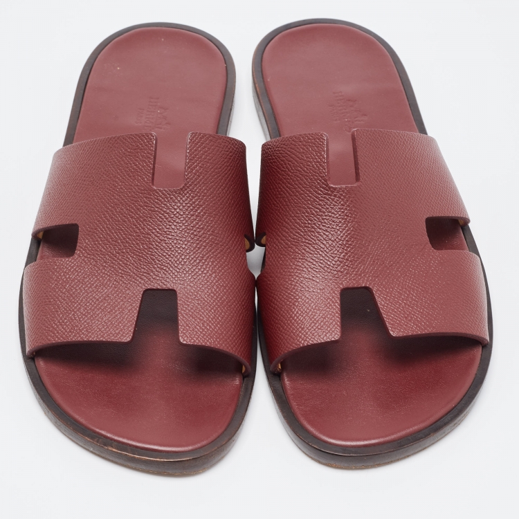 Pre Owned Hermes Burgundy Leather Izmir Slides Size 41
