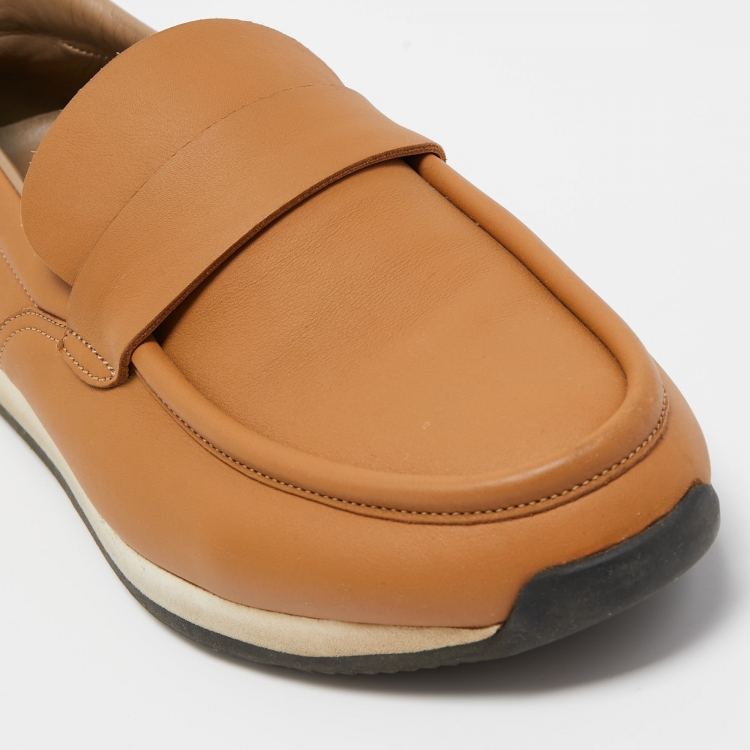 Pre Owned Hermes Brown Leather Slip On Loafers Size 43