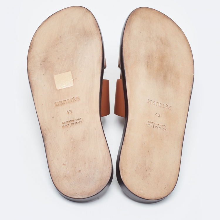 Pre Owned Hermes Brown Leather Izmir Flat Slides Size 43