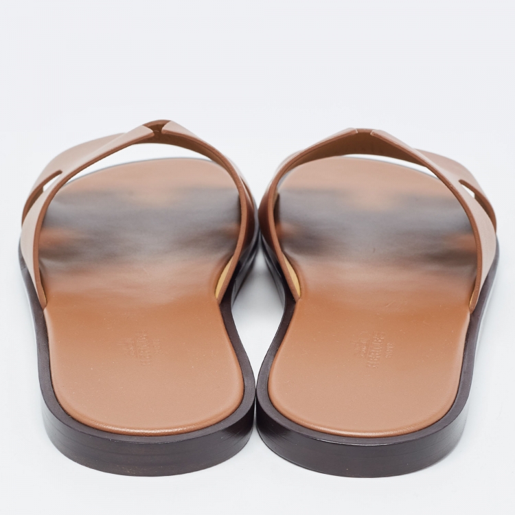 Pre Owned Hermes Brown Leather Izmir Flat Slides Size 43