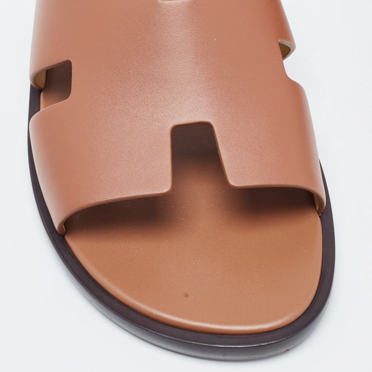 Pre Owned Hermes Brown Leather Izmir Flat Slides Size 43