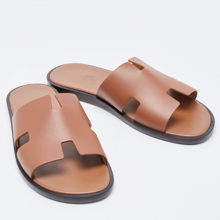 Pre Owned Hermes Brown Leather Izmir Flat Slides Size 43