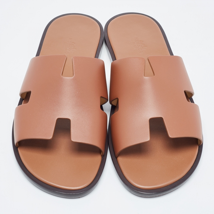 Pre Owned Hermes Brown Leather Izmir Flat Slides Size 43