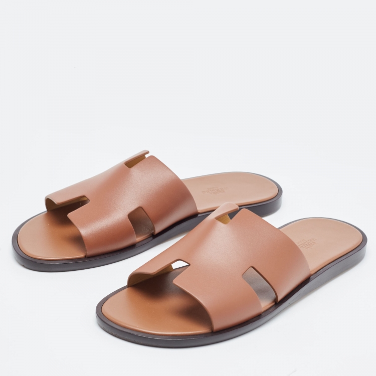Pre Owned Hermes Brown Leather Izmir Flat Slides Size 43