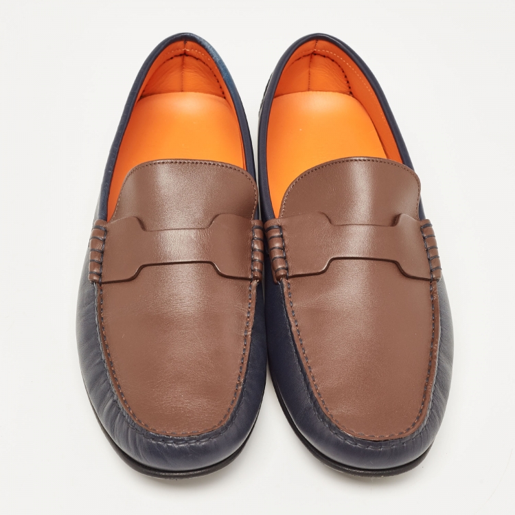Pre Owned Hermes Blue/Brown Leather Oscar Slip On Loafers Size 43
