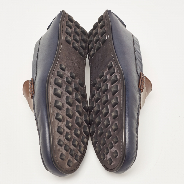 Pre Owned Hermes Blue/Brown Leather Oscar Slip On Loafers Size 43
