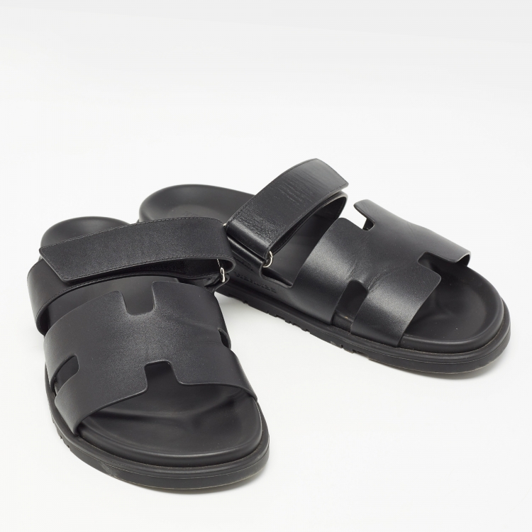 Pre Owned Hermes Black Leather Chypre Sandals  Size 44