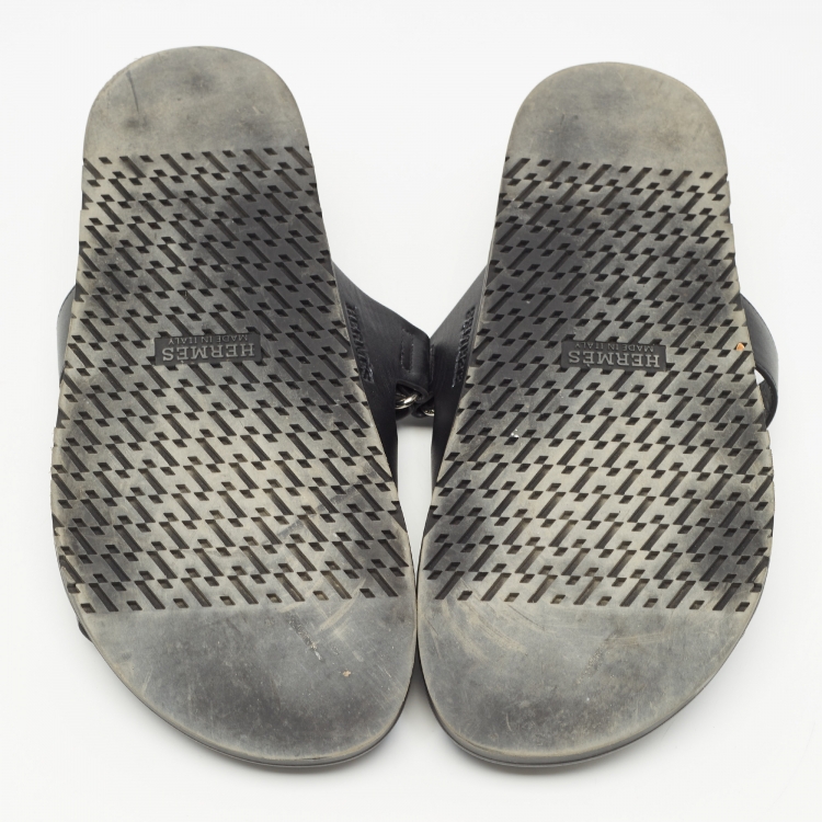 Pre Owned Hermes Black Leather Chypre Sandals  Size 44