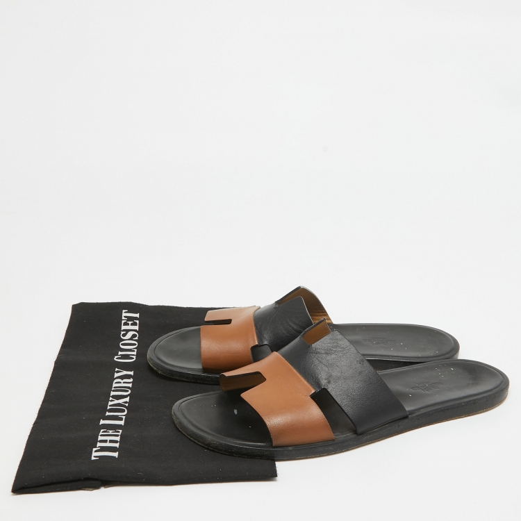 Pre Owned Hermes Black/Brown Leather Izmir Flat Slides Size 42
