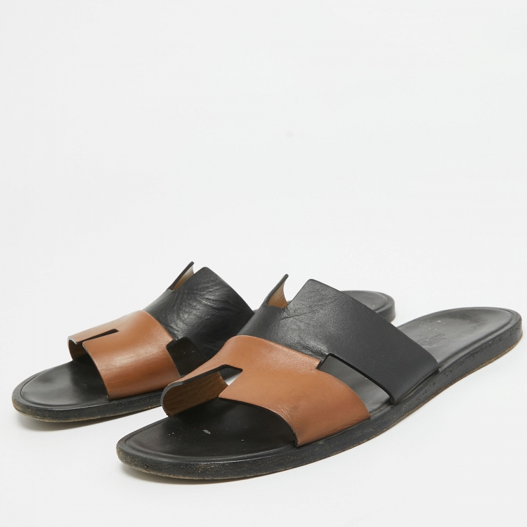 Pre Owned Hermes Black/Brown Leather Izmir Flat Slides Size 42