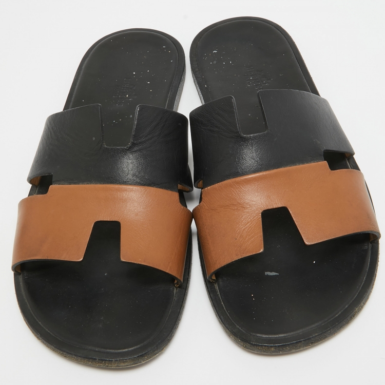 Pre Owned Hermes Black/Brown Leather Izmir Flat Slides Size 42