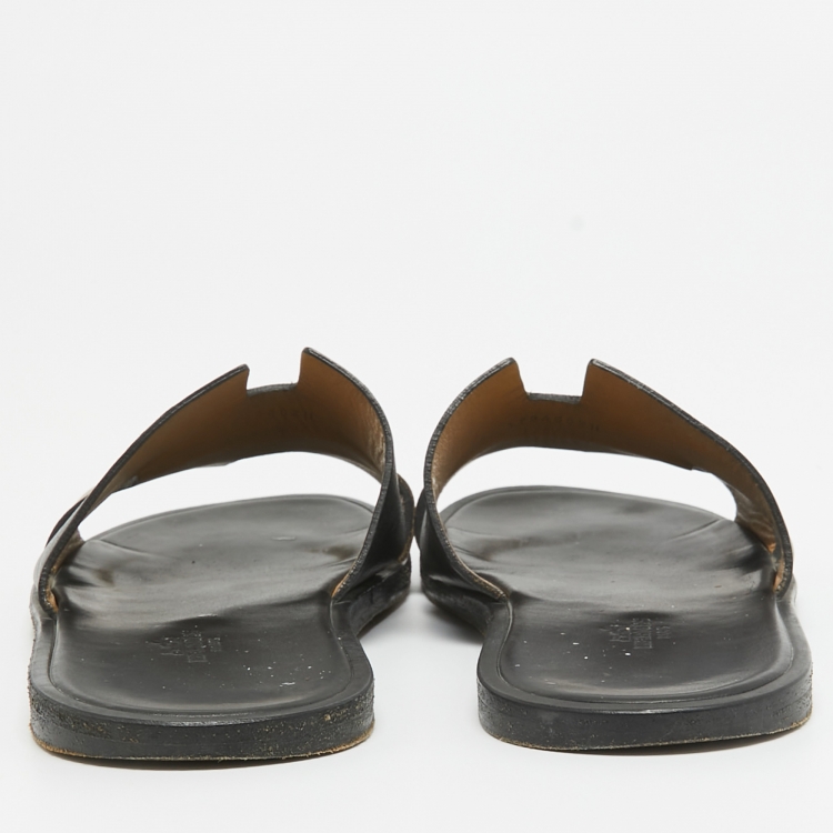 Pre Owned Hermes Black/Brown Leather Izmir Flat Slides Size 42